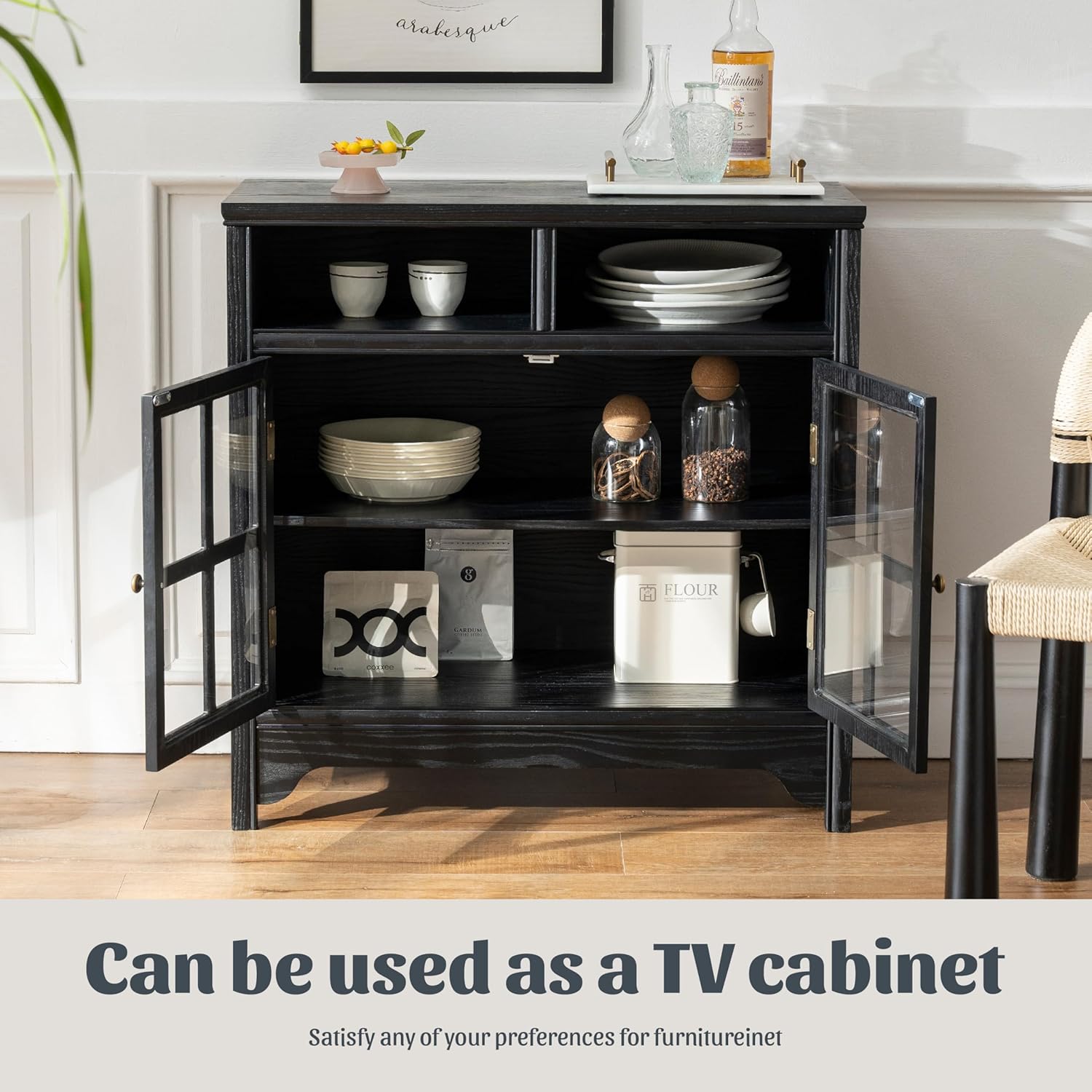 Chogori 31.5" Solid Wood Buffet Cabinet with Storage, Farmhouse Sideboard with 2 Doors, Coffee Bar Cabinet for Dining Room, Kitchen, or Living Room, Black