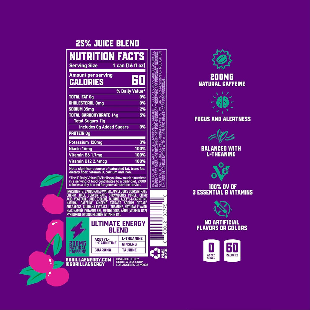 Gorilla Energy Drink, Cherry Berry, 200mg Natural Caffeine, Real Fruit Juice Squeezed & Concentrated, L-Theanine, Taurine, Ginseng, Acetyl L-Carnitine, No Added Sugar and No Artificial Colors, 12 Pack