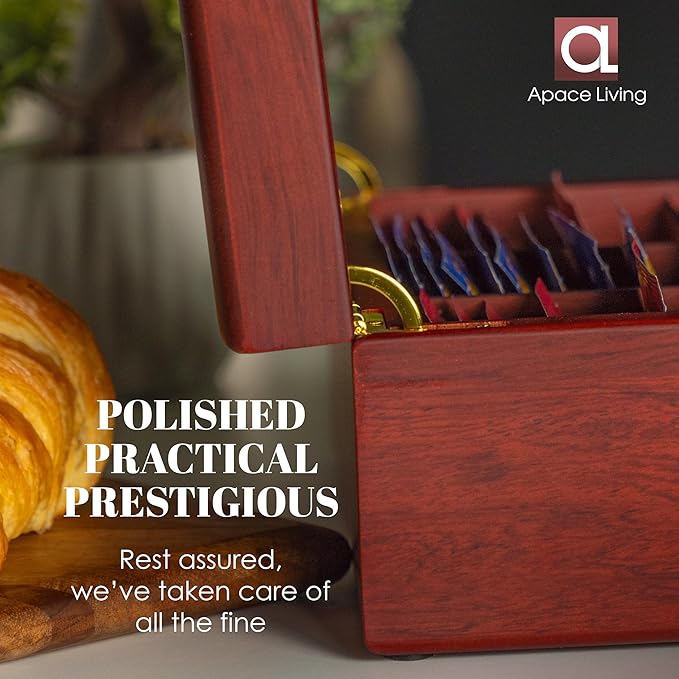 Tea Box - Luxury Wooden Tea Bag Organizer from The Apace Premier Collection - 6 Compartment Tea Storage Chest Container - Elegantly Handmade w/Scratch Resistant Window