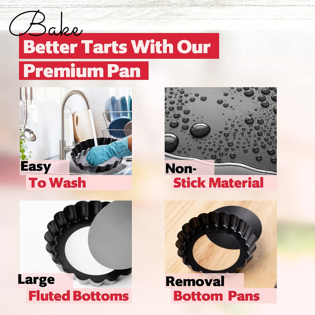 8 Pack Mini Tart Pans 4 Inch with Removable Bottom Round Nonstick Deep Quiche Pan, Heavy Duty Perfect for Baking Fruit Tarts, Quiches & Dessert