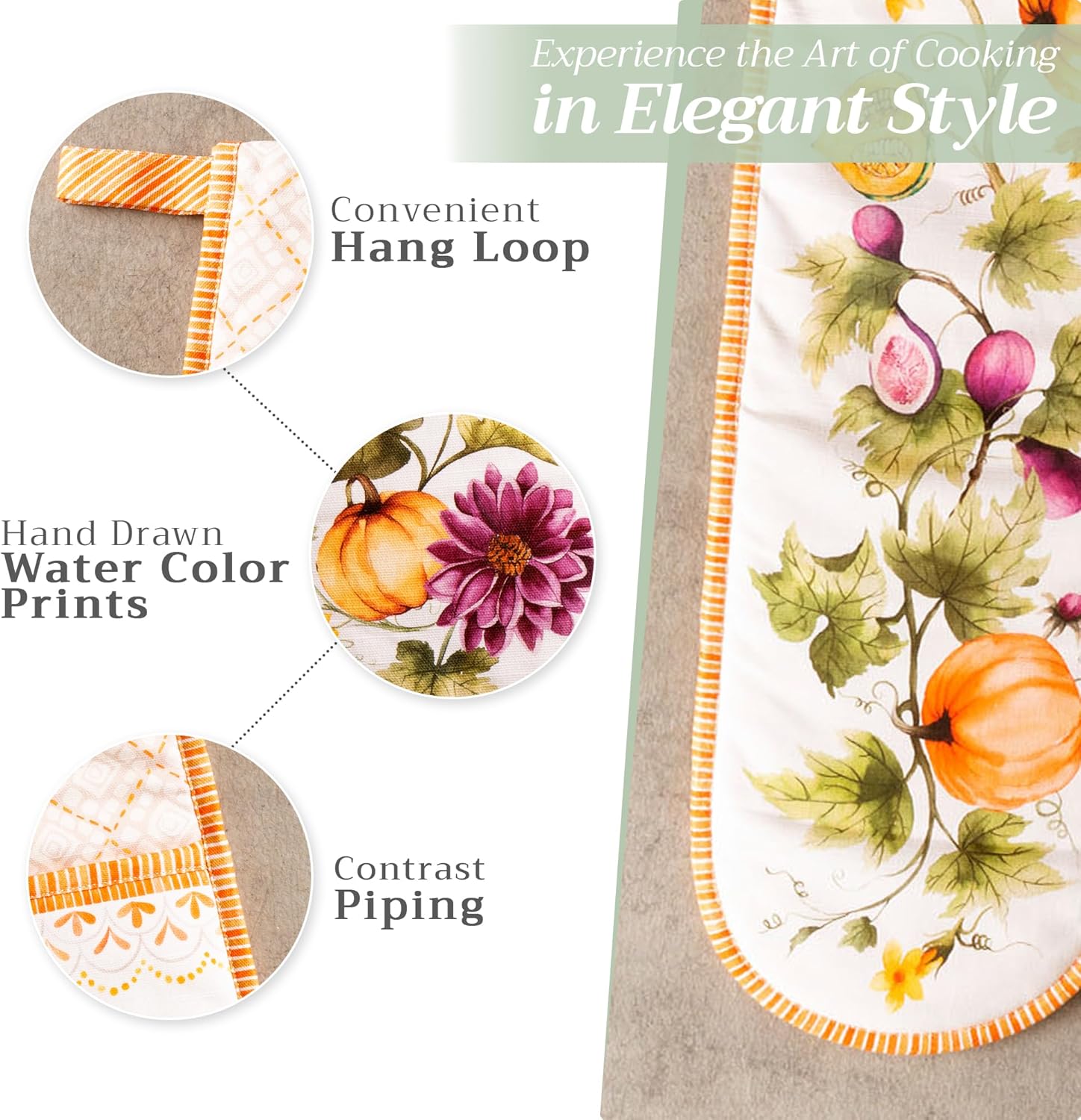 Maison d' Hermine Double Oven Mitts 100% Cotton 7"x35" Double Oven Mitt Heat Resistant BBQ Cooking Gloves with Loop, Baking, Grilling, Home, Kitchen, Handling Hot Pans (Pumpkin Garden - Cloudy Cream)