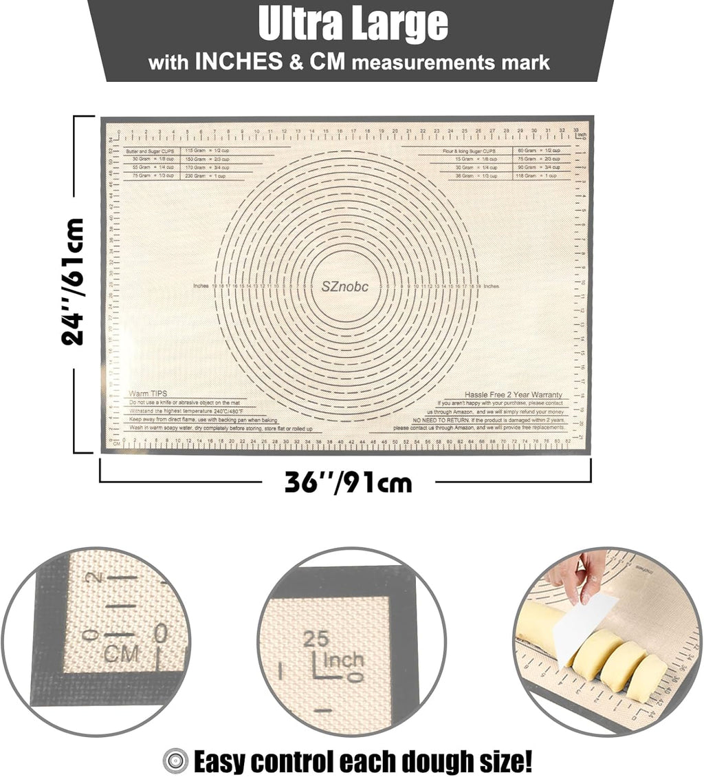 Silicone Pastry Mat 36x24 Inch Nonstick Baking Mat Perfect for Dough Mat, Pastry Board, Kitchen Counter Mat - For Dough, Pastry, Pie Crust, Fondant, Cookies, Bread, Pasta/Pizza, Grey