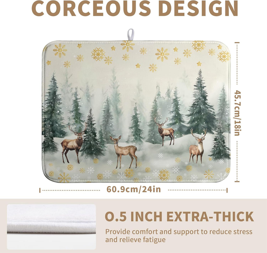 Winter Deer Snowflakes Dish Drying Mat Christmas Snow Forest Large Kitchen Mats Dish Drying Pad Absorbent Dish Dryer Mat for Kitchen Countertops Microfiber Drainer Pad Dish Drying Mats (18x24 in)