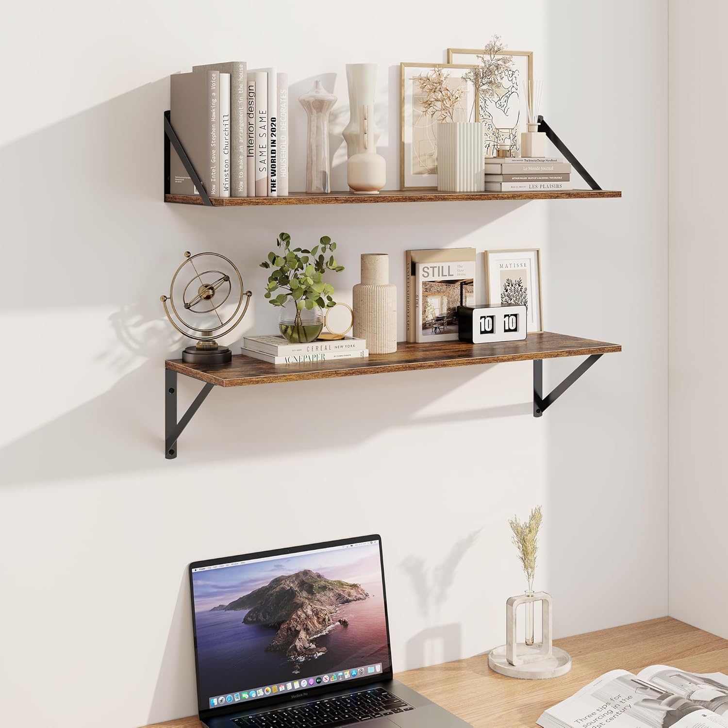 Heimlove Deep Floating Shelves for Wall, 30W x 8D Wood Wall Shelves Set of 2, Wide Floating Bookshelf for Living Room, Kitchen, Office, Bedroom and Decor Storage, with Metal Bracket - Rustic Brown