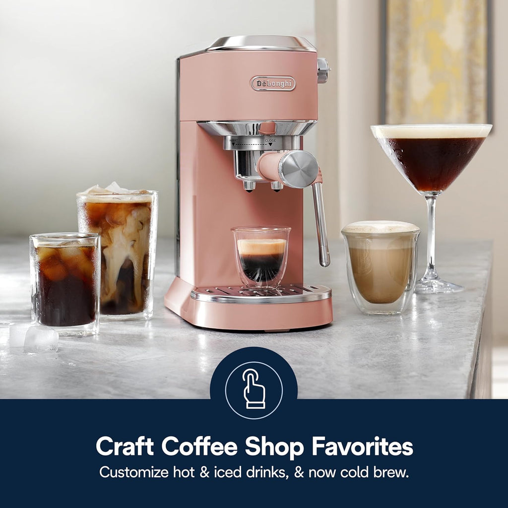 De'Longhi Dedica Duo Compact Espresso Machine - Cold Brew Coffee Maker with Milk Frother Wand- for Espresso, Hot & Iced Coffee, Cappuccinos, Lattes & Home Barista Brewing, Rosé Pink