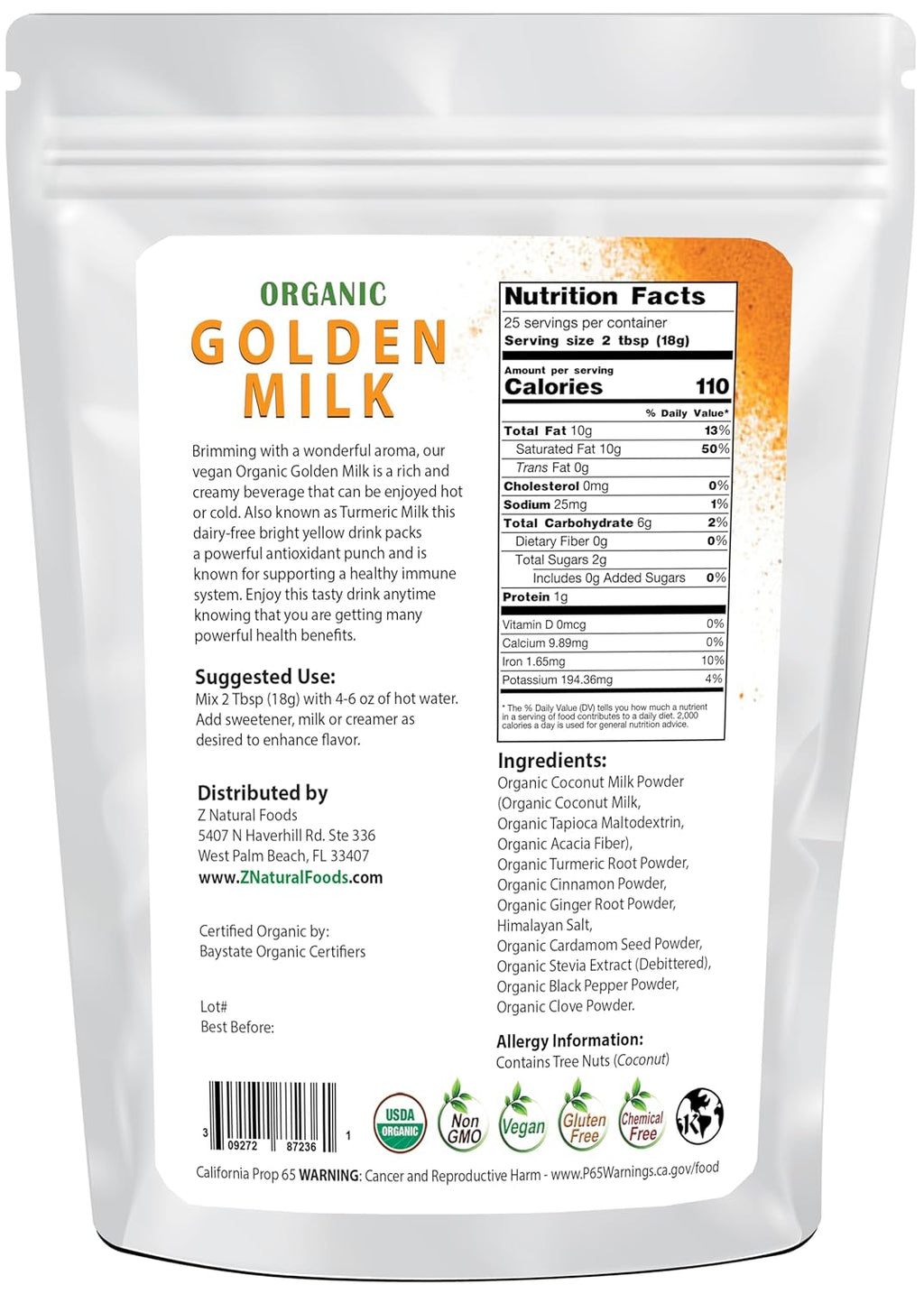 Z Natural Foods Organic Golden Milk Powder - Turmeric Superfood Blend, Mix In Coffee, Tea, Lattes, Smoothies Recipes - Non GMO, Vegan, Gluten Free - 1 lb