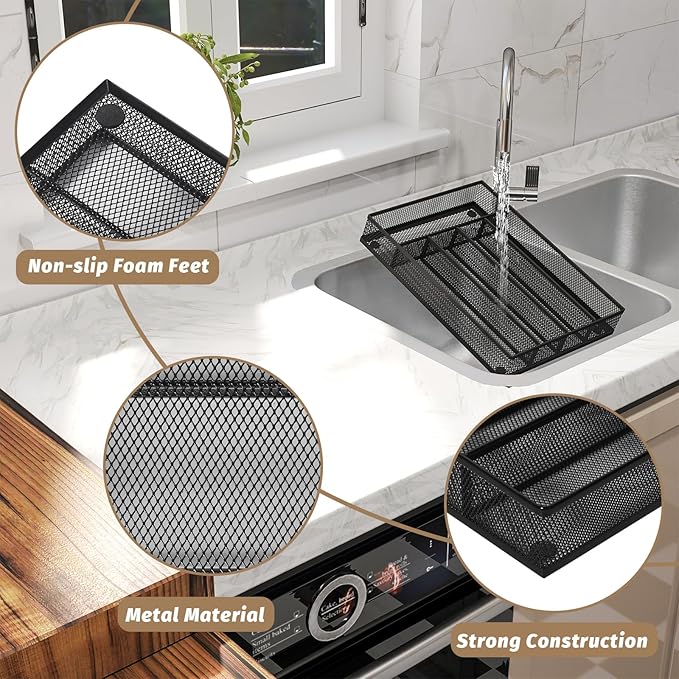 Silverware Organizer Metal Mesh, Small Drawer Organizer, Utensil Cutlery Tray for kitchen drawers, Flatware Organizer with 5 Compartment, Black(9.3"*12.6")