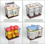 Wall Hanging Baskets 3 Pack, Large Diversified Wire Basket Shelves of Wooden Style, with Wall Mounted Metal Hooks & Traceless Stickers, for Kitchen Coffee Bar Office Room Garage Storage Organization