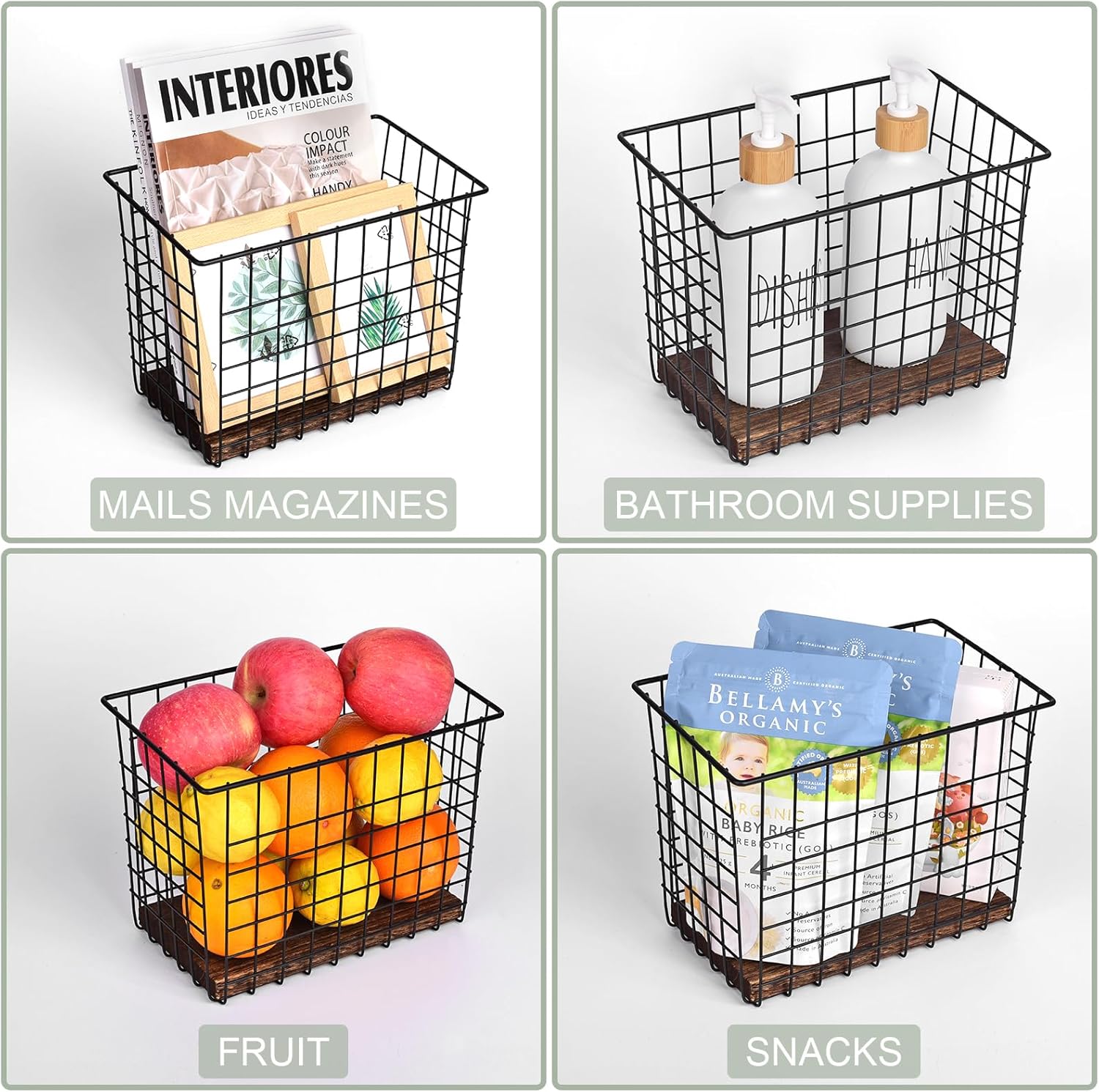 Wall Hanging Baskets 3 Pack, Large Diversified Wire Basket Shelves of Wooden Style, with Wall Mounted Metal Hooks & Traceless Stickers, for Kitchen Coffee Bar Office Room Garage Storage Organization