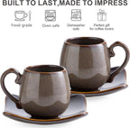 LYEOBOH 3oz Coffee Espresso Cups with Saucers Set of 6, Ceramic Small Coffee Cups with Holder and Spoons, Cute Demitasse Cups for Espresso, Latte, Mocha, Housewarming Gift - Farmhouse, Brown