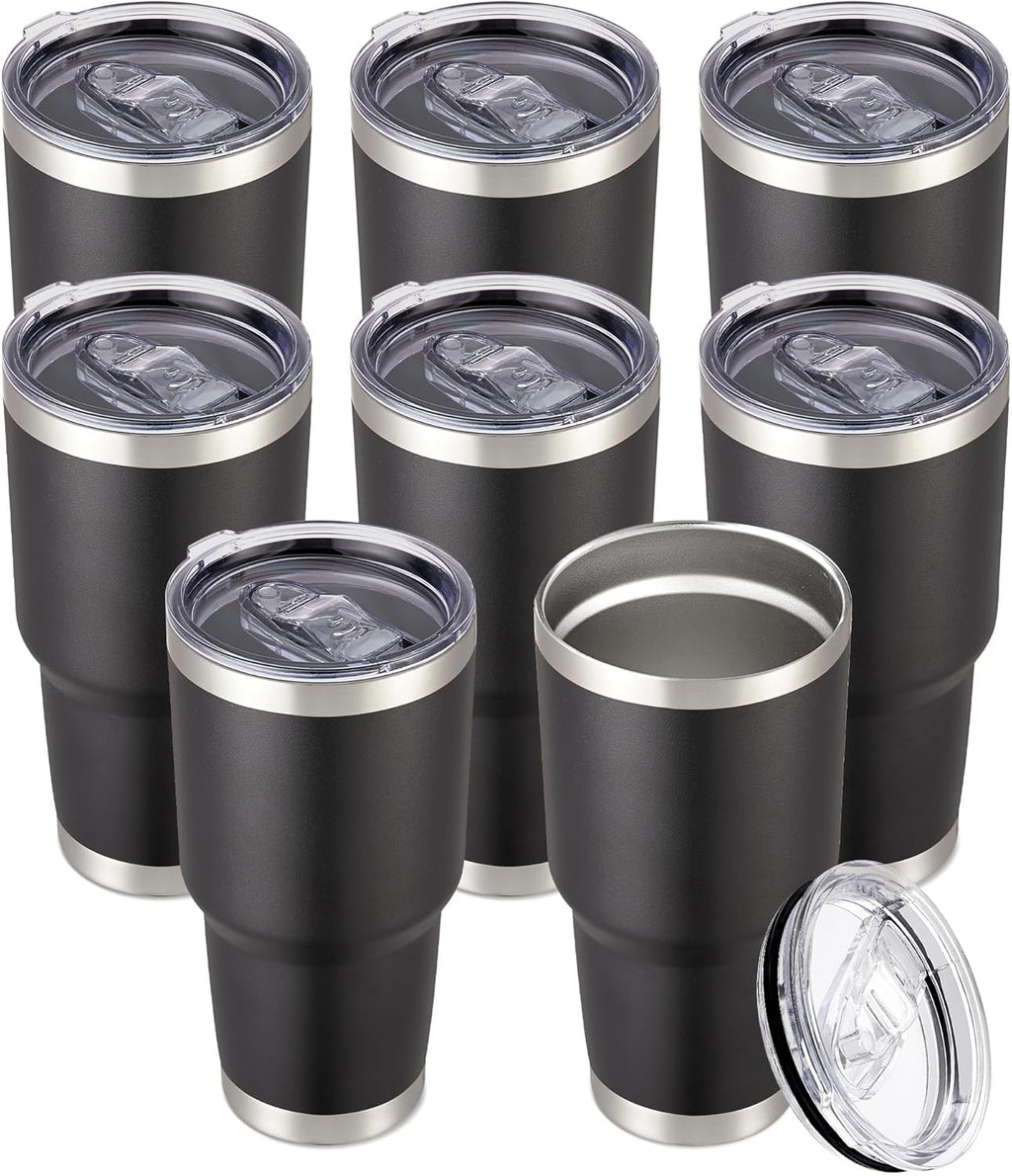 30 oz Tumbler with Lid Stainless Steel Tumblers Bulk Vacuum Insulated Cup Reusable Powder Coated Travel Mug Double Wall Leak Proof Cups Keep Cold Drinks for 12 Hours Black, Set of 8