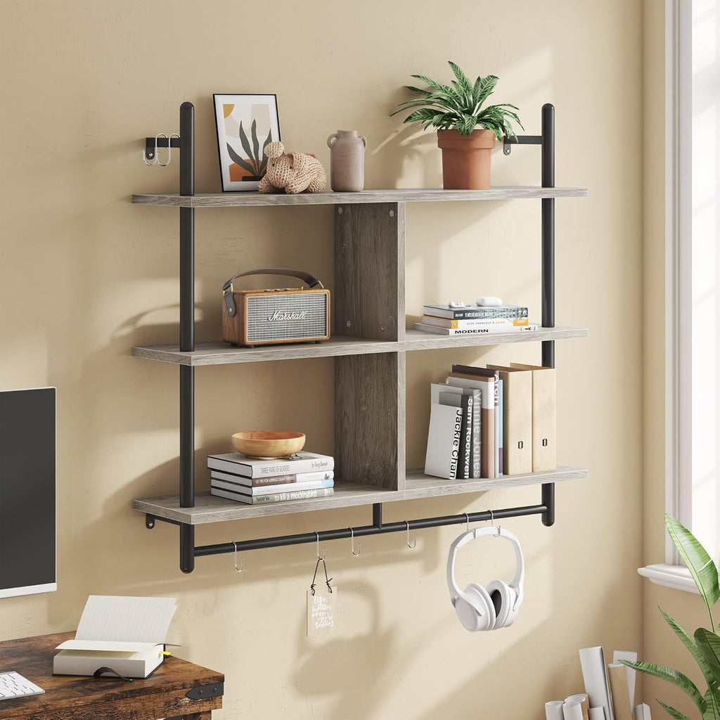 Bestier 41.5" Floating Pipe Shelving Kitchen Shelves Wall Mounted 3 Tier Ladder Shelf Hanging with Circular Tube Display Bookshelf Storage for Living Room Kitchen Balcony, Retro Grey