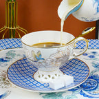 ACMLIFE Bone China Tea Cup and Saucer Set for 1, Vintage Floral Tea Cup with Saucer, Spoon and Gift Box, 6.8 oz (Blue B)