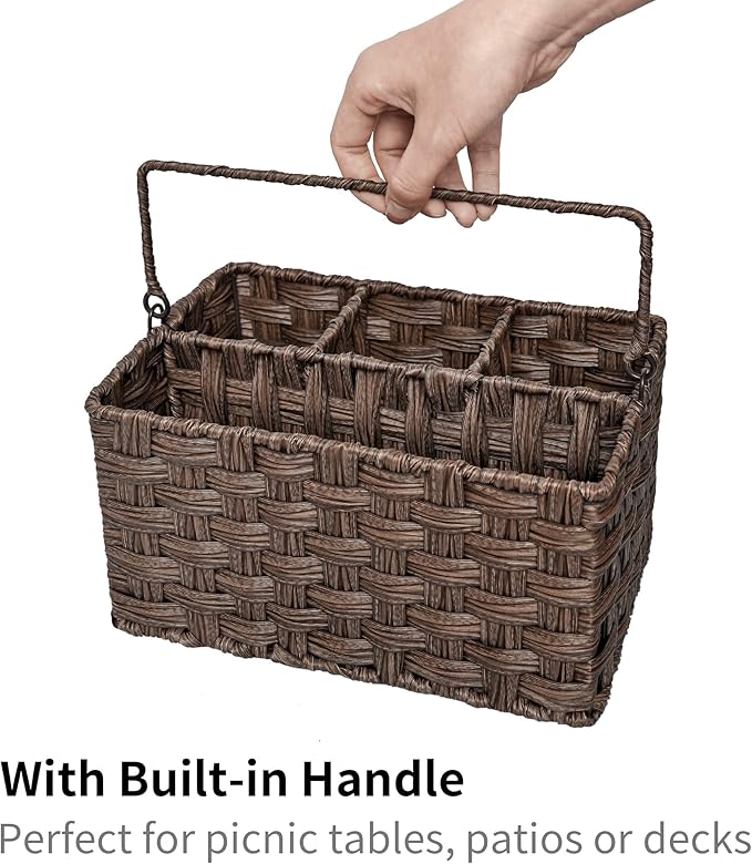 GRANNY SAYS Wicker Utensil Holder Organizer with Handle, Flatware Caddy for Kitchen, Silverware Holder Condiment Organizer, Holds Forks, Knives, Spoons, Napkins and Other Utensils