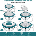 E-far Mixing Bowls Set of 5, Stainless Steel Salad Mixing Bowl with Transparent Lid, Metal Nesting Bowl Attach with 3 Graters for Kitchen Prepping/Serving/Baking/Storage, 4.6/2.6/1.5/1/0.7 QT - Blue