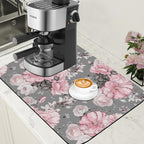 Pink Flowers and Leaves Coffee Mat Absorbent Dish Drying Mat for Kitchen Counter Hide Stain Rubber Backed Coffee Bar Accessories Fit Under Espresso Machine Dish Drainer, 15.7 x 23.6 Inch