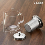 Glass Tea Cup with Infuser and Lid, 14.5oz/450ml Large Borosilicate Glass Teacup with Stailess Steel Filter, Clear Mug for Loose Leaf Blooming Tea, Dishwasher Safe - Tea Maker Gift