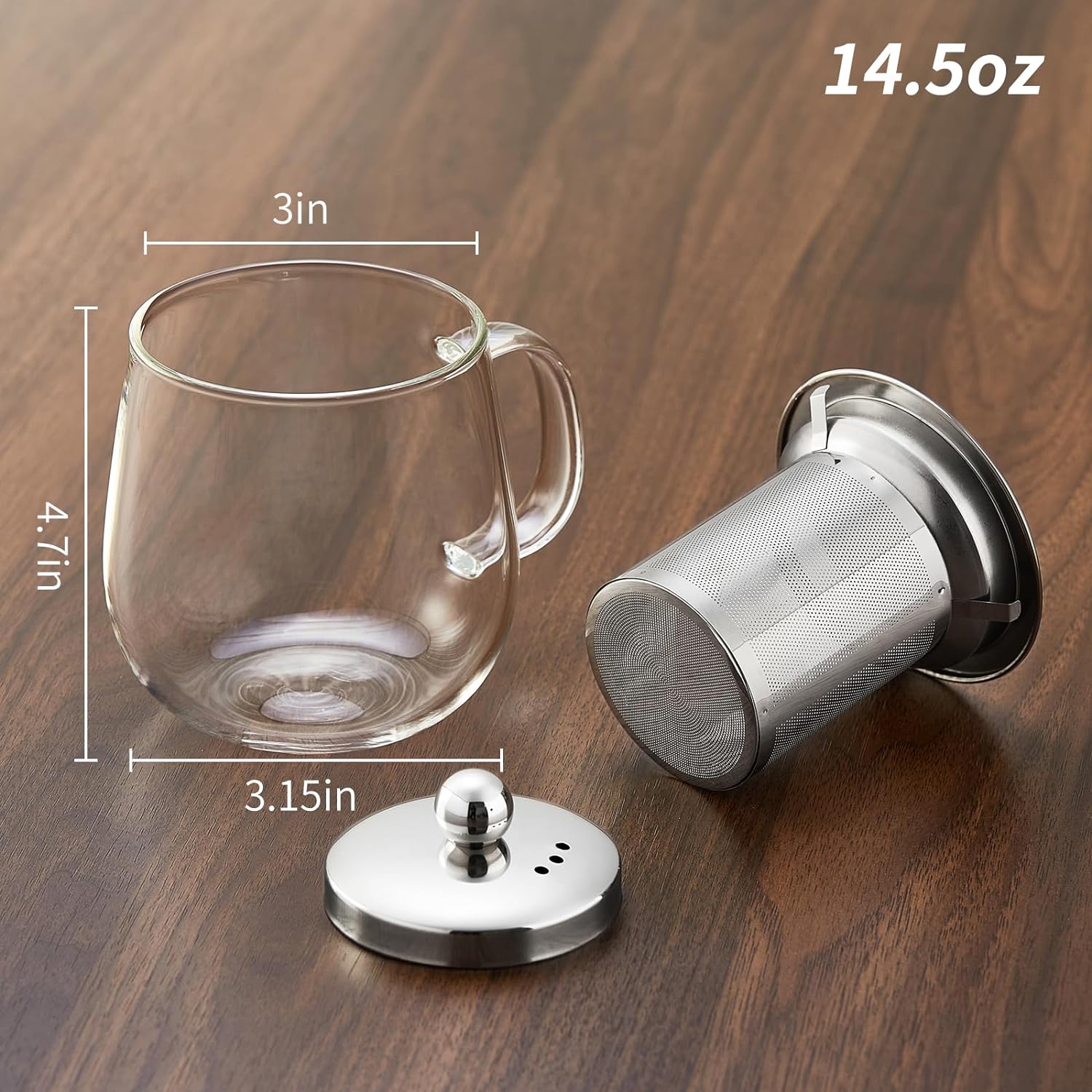 Glass Tea Cup with Infuser and Lid, 14.5oz/450ml Large Borosilicate Glass Teacup with Stailess Steel Filter, Clear Mug for Loose Leaf Blooming Tea, Dishwasher Safe - Tea Maker Gift