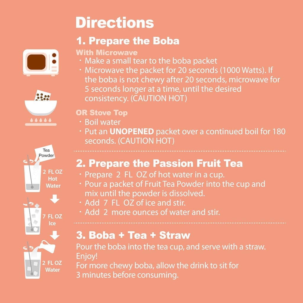 J WAY Instant Mango Peach Black Tea Kit with Authentic Fruity Colorful Tapioca Boba, Ready in Under One Minute, Paper Straws Included - 3 Servings