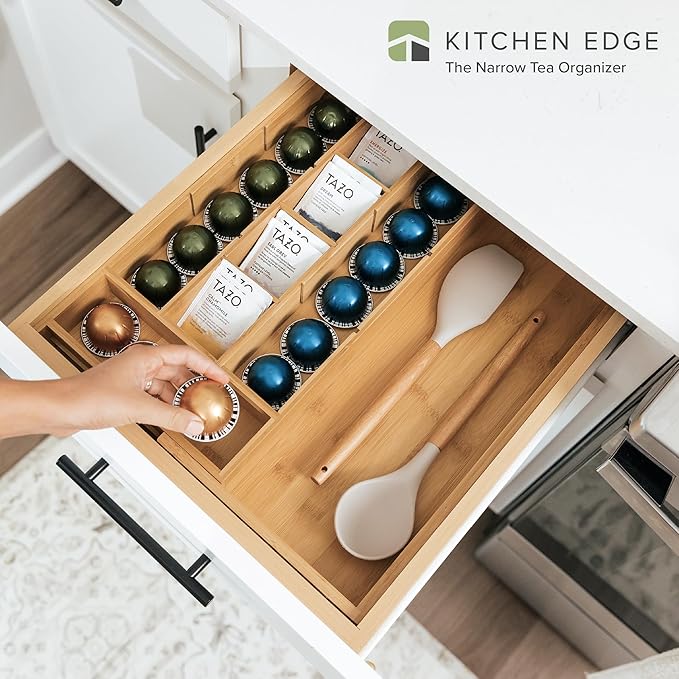 KitchenEdge Tea Bag and Coffee Pod Kitchen Drawer Organizer, Expandable 9.7 to 17 Inches, 10 Accessory Compartments with Adjustable Wall Inserts, Non-Slip Rubber Feet, 100% Sustainable Bamboo Wood