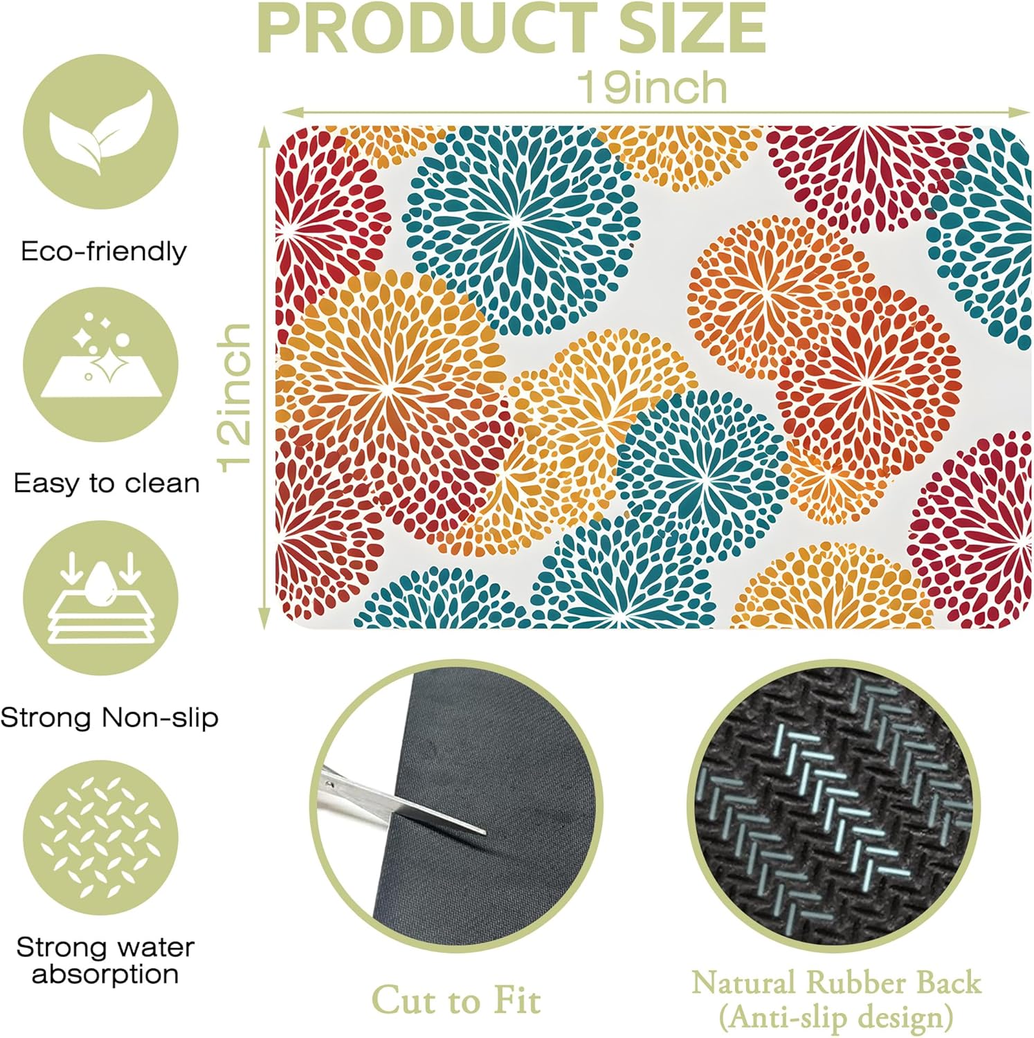 Abstract Floral Elements Dish Drying Mat Artifical Floral Kitchen Mat 12"x19" Bsorbent Coffee Maker Mat for Dishes,Utensils Coffee Maker Pots and Pans Easy Clean Dish Slip Resistant Pad