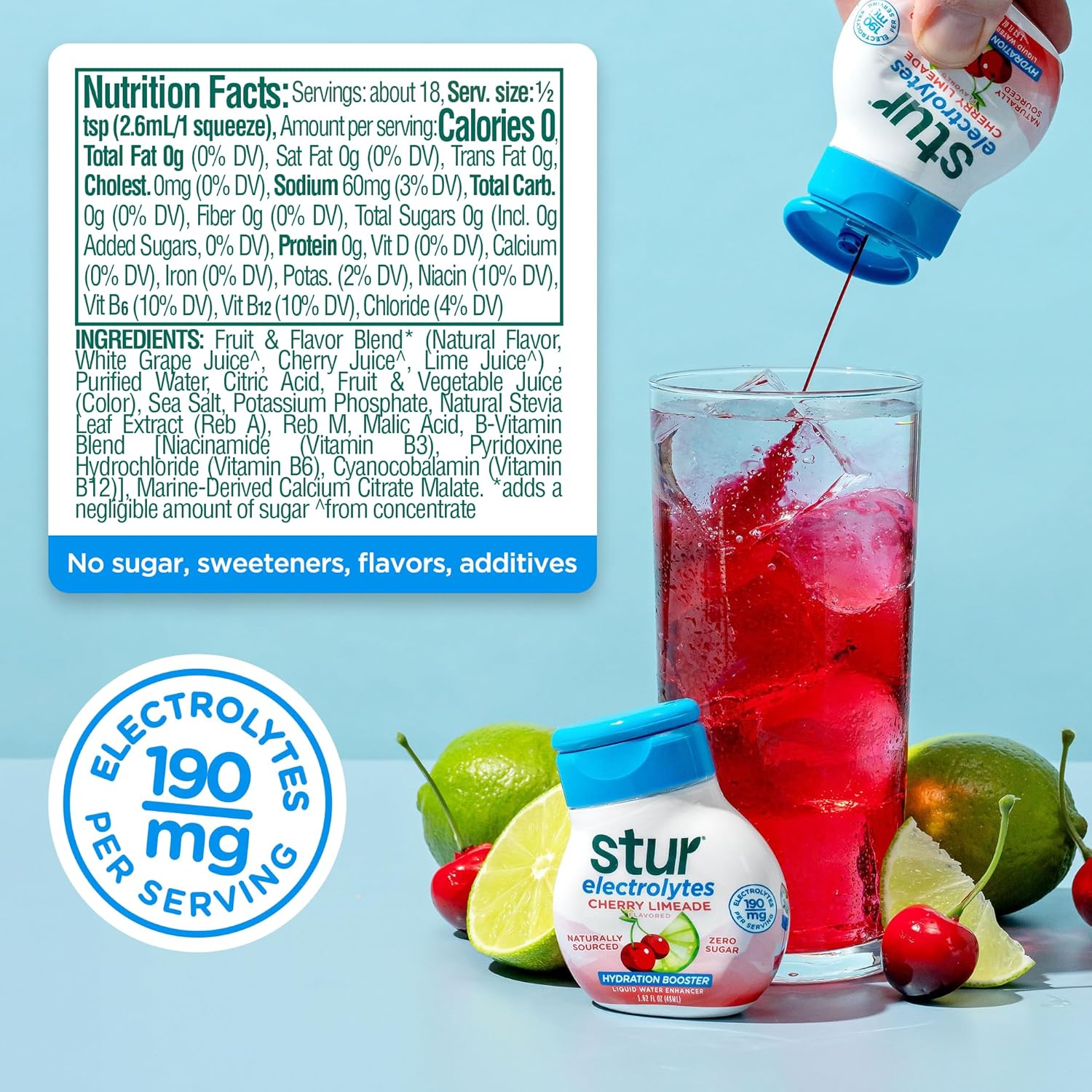 Stur Electrolyte Water Enhancer | Sweetened with Stevia | High in Vitamin C & Antioxidants | Sugar Free | Zero Calories | Keto | Vegan | 5 Bottles, Makes 90 Drinks (Cherry Limeade)