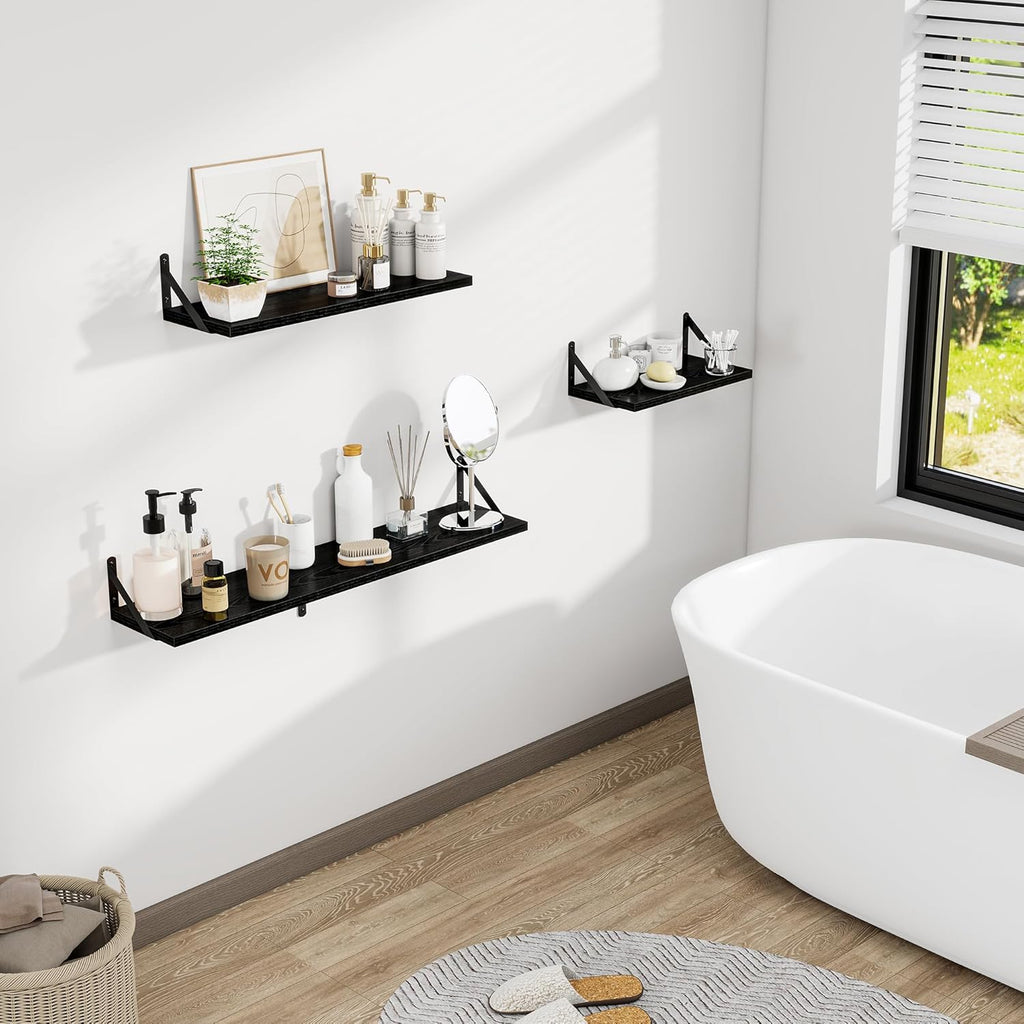 Dreamland Deep Floating Shelves for Wall, 16W x 8D Wall Mounted Shelves Set of 2, Floating Shelves Bedroom with Sturdy Metal Brackets for Living Room, Bathroom and Kitchen, Black