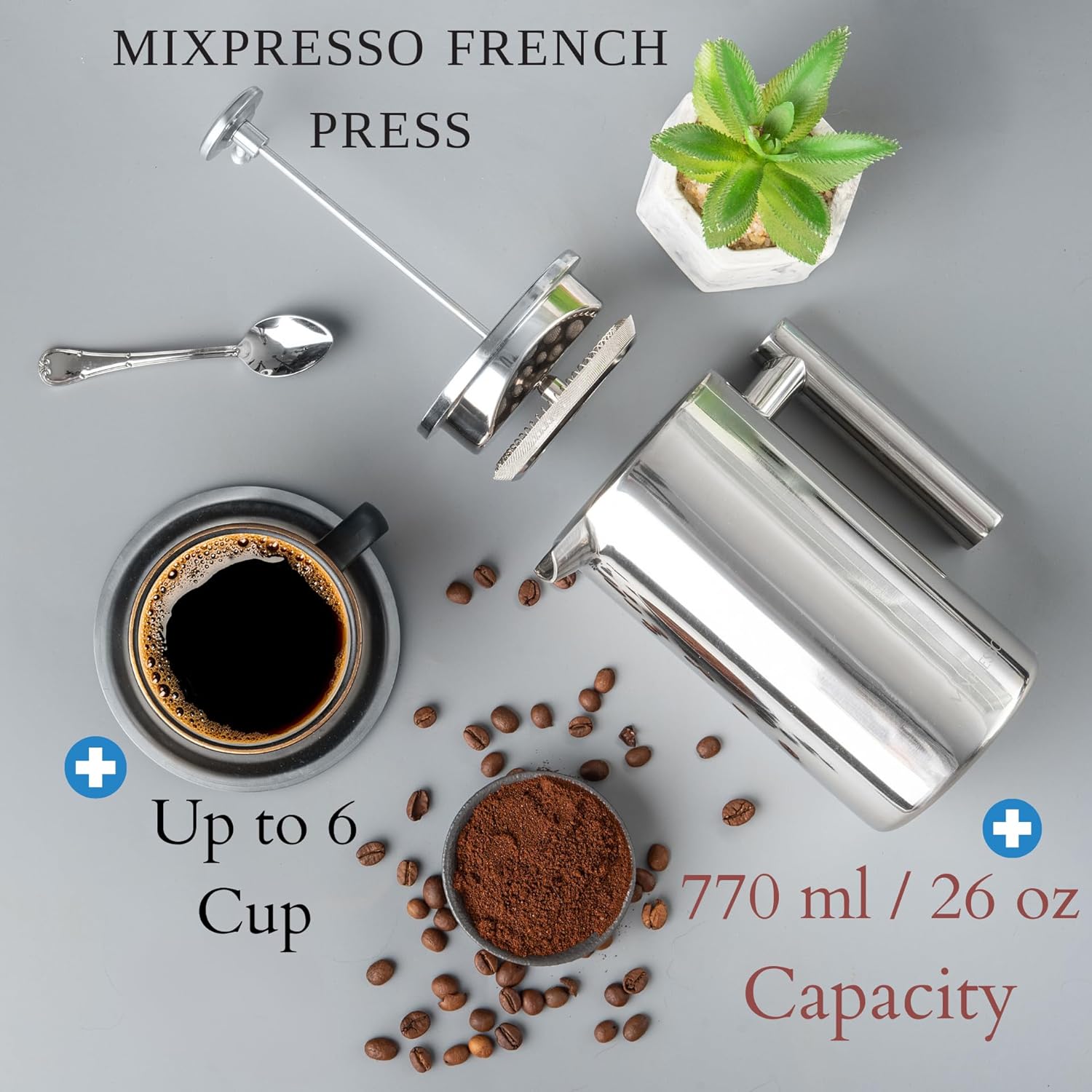 Mixpresso Stainless Steel French Press Coffee Maker 27 Oz 800ml, Double Wall Insulated French Press Stainless Steel, Built-In Thermometer, Easy Clean Tea Brewer, Easy Press Durable Metal Coffee Press