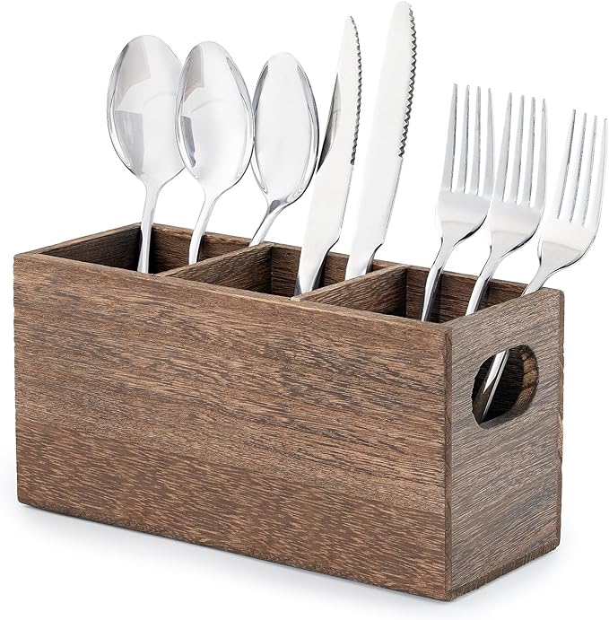 Wooden Silverware Holder,Kitchen Utensil Caddy with 3 Compartments,Cutlery Storage Organizer Countertop,Flatware Organizer for Party,Spoon, Fork Holder