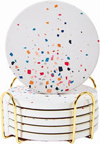 Terrazzo Drink Absorbent Coasters with Holder Set of 6, Ceramic Coaster for Drinks, Coffee Table Decor, Water Absorbing Stone Coaster for Drinks (Color Burst)