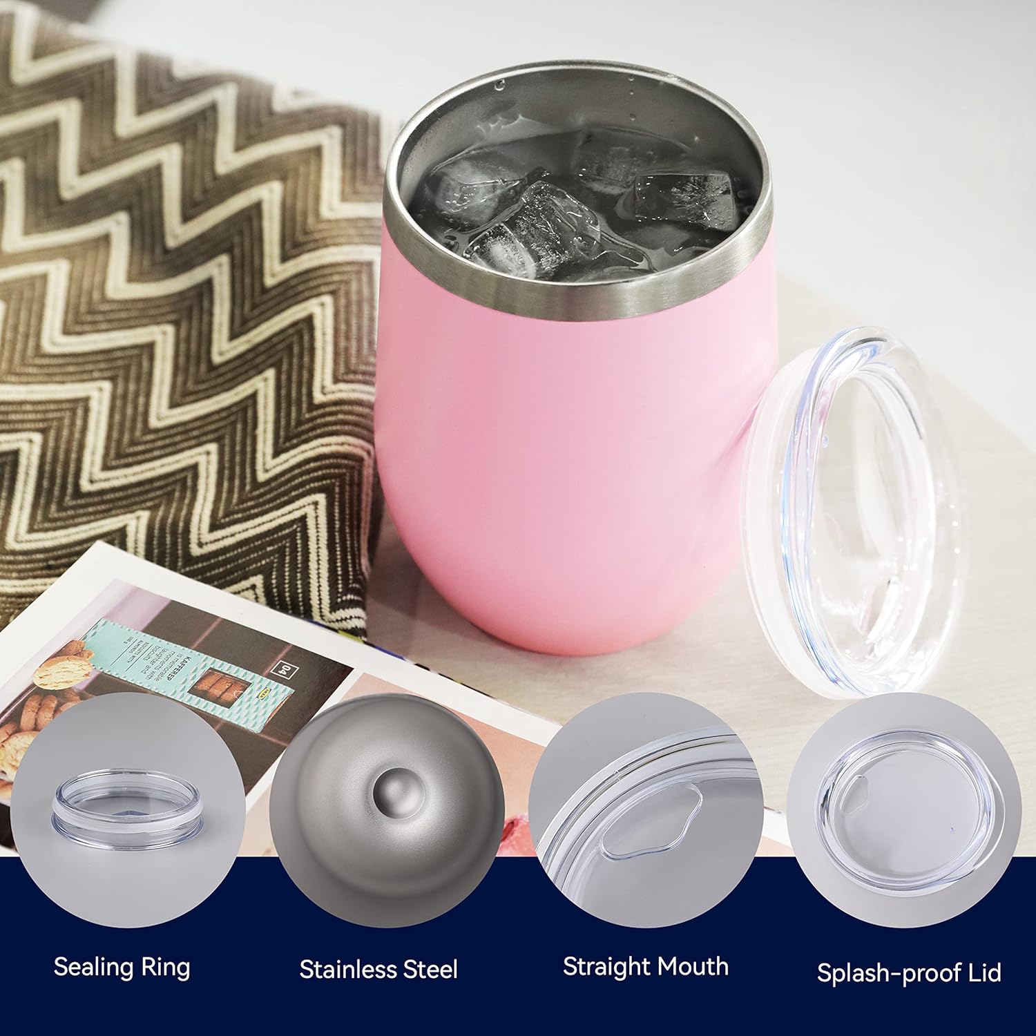 DOMICARE Stainless Steel Wine Tumbler Bulk with Lid, Personalized Insulated Tumblers Set, 12oz Travel Coffee Cups Pack of 16, Pink