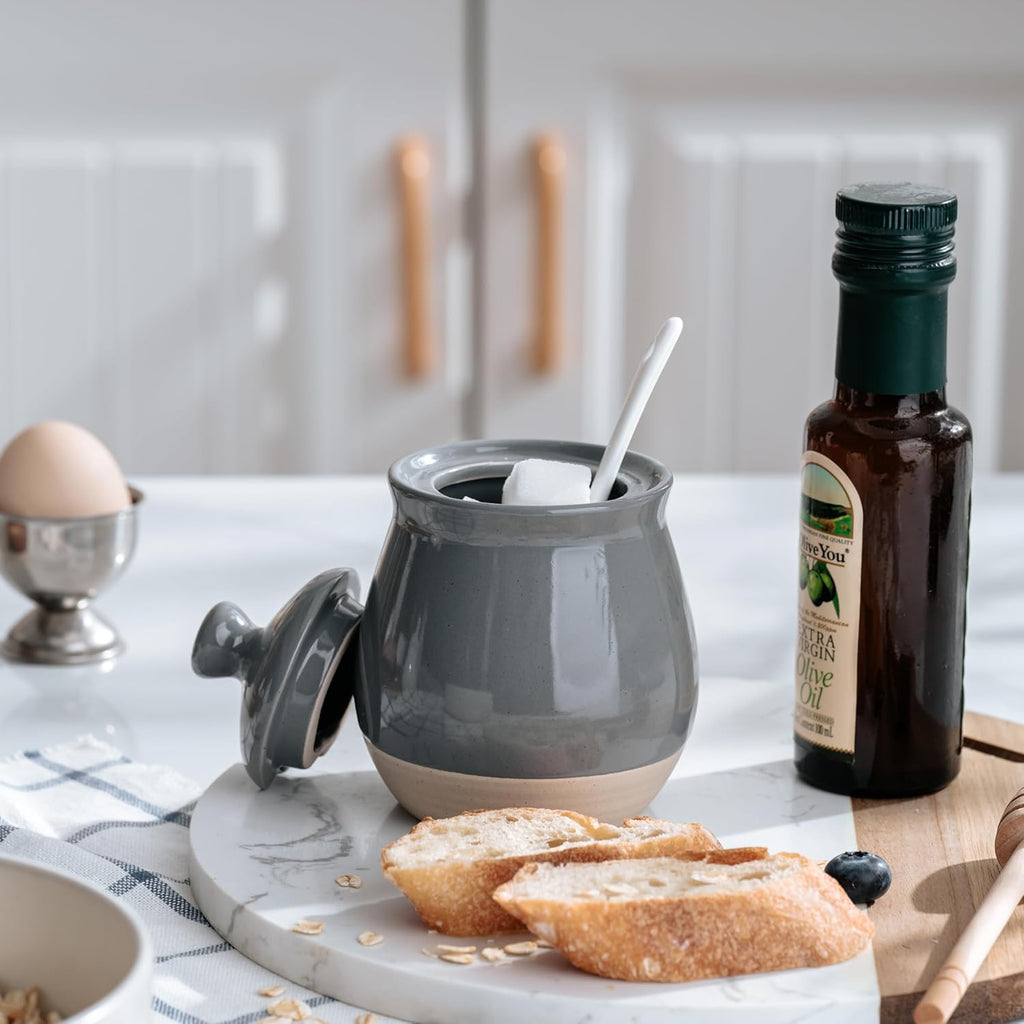famiware Milkyway Sugar Bowl with Lid and Spoon, 10oz Ceramic Sugar Jar/Pot/Dispenser for Salt, Condiments, Spice, Seasonings, Sugar Container for Coffee Bar, Home, Kitchen, and Countertop, Dark Gray
