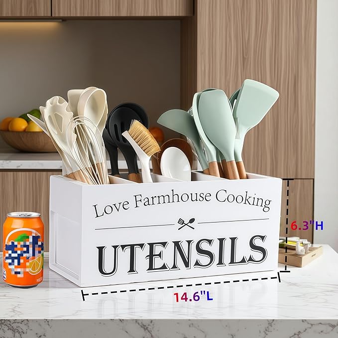 Kitchen Utensil Holder,Farmhouse Wooden Utensil Holder For Kitchen Counter,Extra Large Cooking Spatula Organizer,Big Storage With 4 Compartments Flatware Spoon Tool Cutlery（White）