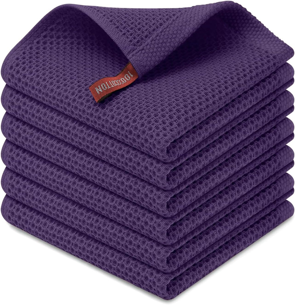 Kitinjoy 100% Cotton Kitchen Dish Cloths (12 X 12 Inches, Eggplant),6 Pack Waffle Weave Ultra Soft Absorbent Dish Towels for Drying Dishes Quick Drying Kitchen Towels Dish Rags