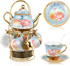 Zhehao 20 Pcs Porcelain Tea Set with Metal Holder and Spoon Adult Ceramic Tea Party Set European Flower Painting Teapot Cup Saucer Spoon Set for Women, Large Version(Simple Style)