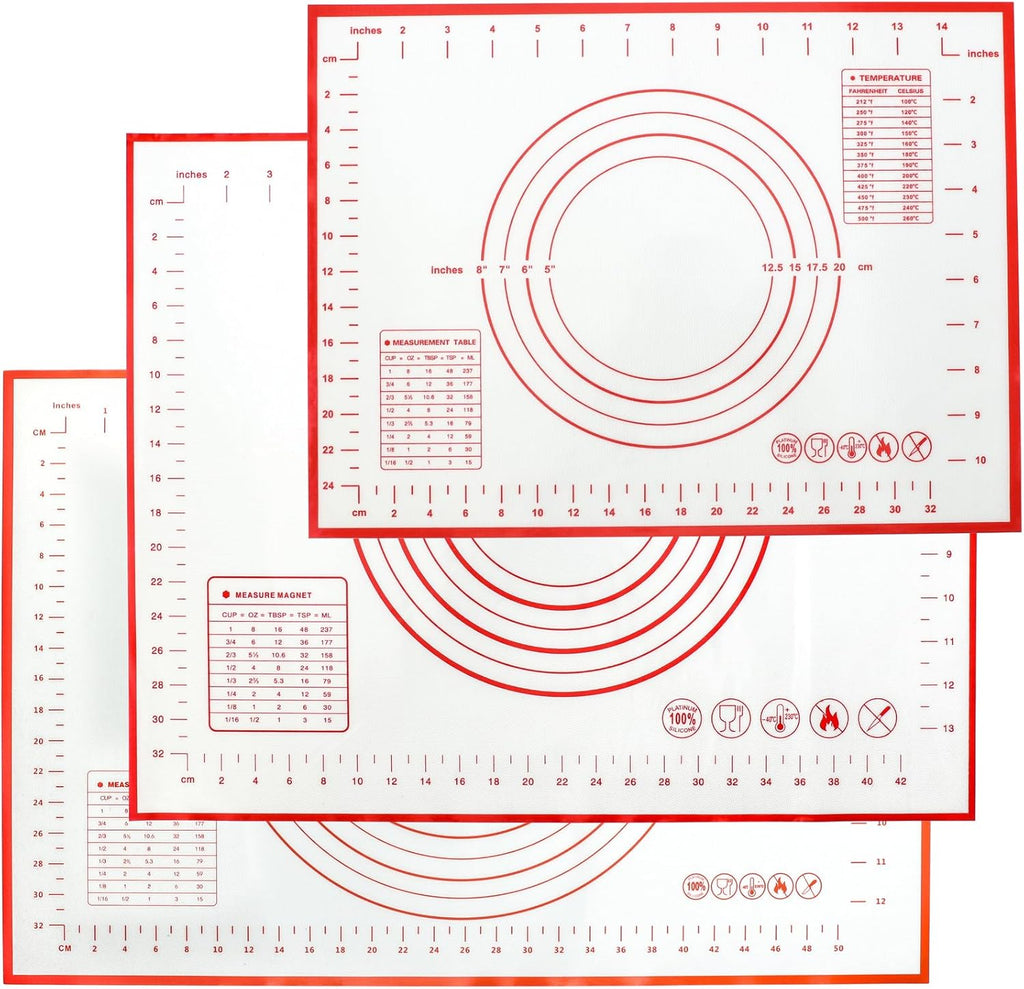 Silicone Baking Mat With Measurement Function Set of 3 Use Food Grade Silicone Ldeal for Dough Rolling Pie Crust Bread Making and Making Cookies (23.6×15.7,19.6×15.7, 15.7×11.8inch, Red)