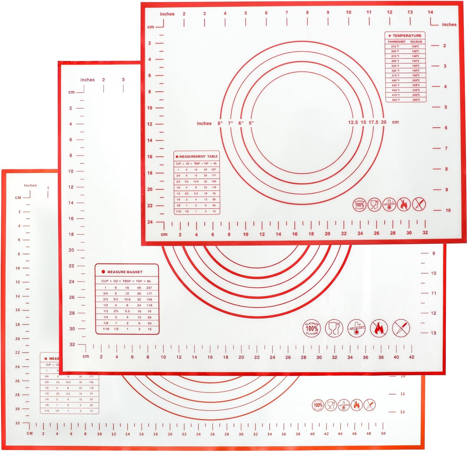 Silicone Baking Mat With Measurement Function Set of 3 Use Food Grade Silicone Ldeal for Dough Rolling Pie Crust Bread Making and Making Cookies (23.6×15.7,19.6×15.7, 15.7×11.8inch, Red)