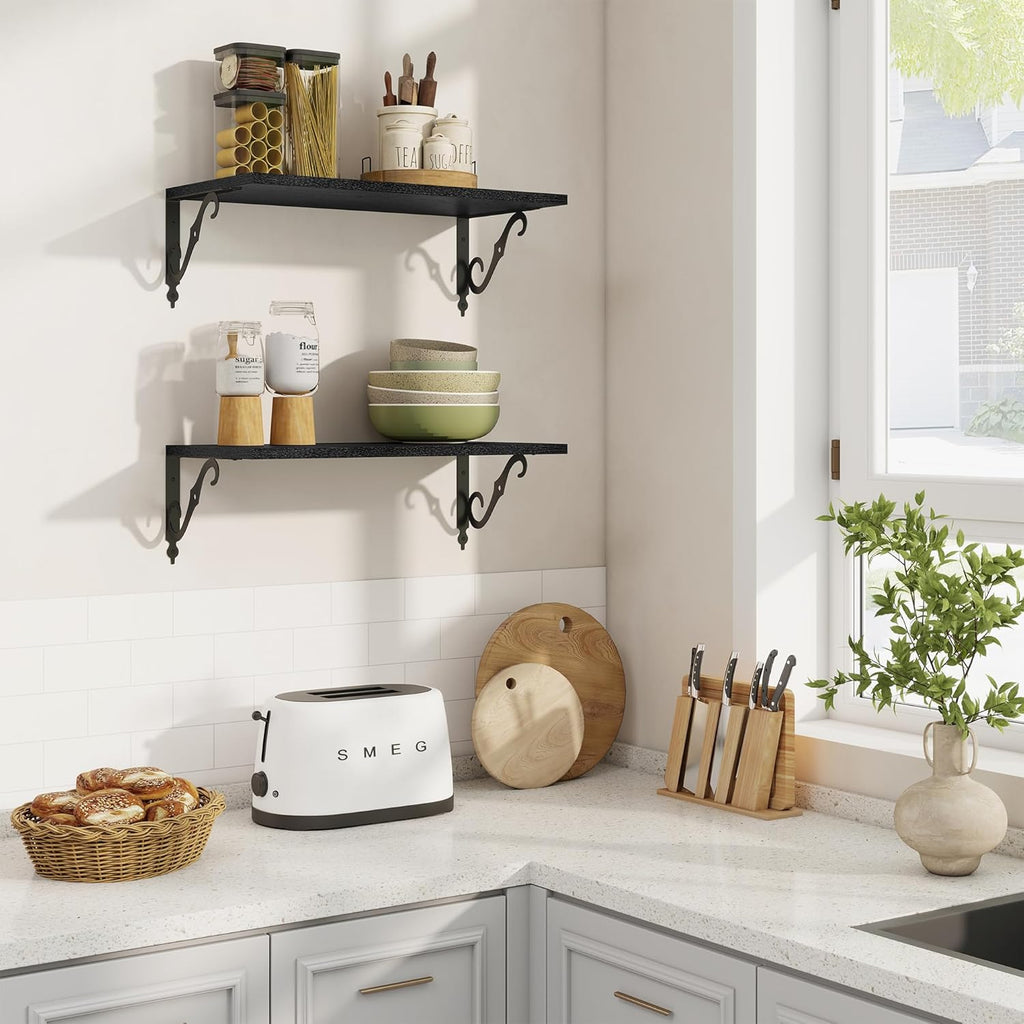 RICHFOCUS 12 Inch Deep Floating Shelves for Wall, 24" W x 12" D Black Wood Wall Shelves Set of 2, Wide Floating Shelves for Living Room, Bedroom, Kitchen, Bathroom and Decor Storage, Black