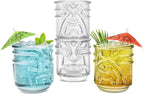 Final Touch Tiki Glasses Set of 4 - Kanaloa, Lono, Kū, Kāne Designs, 12 oz (355 ml), Clear, Stackable Totem Pole Storage, Durable Glassware for Tropical Cocktails (TK5303)
