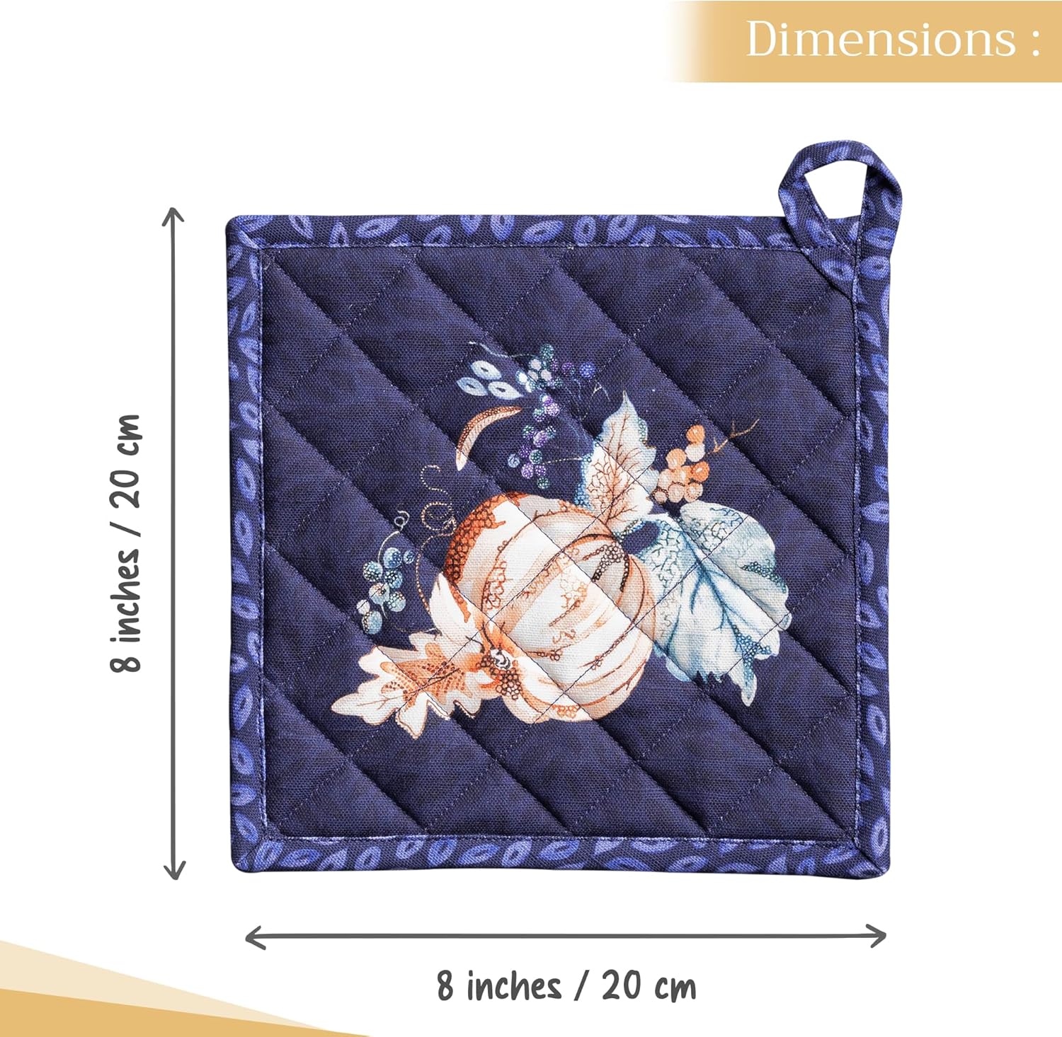 Maison d' Hermine Pot Holders 100% Cotton Heat Resistant Potholders 8" x 8" Hot Pads with Loop BBQ, Cooking, Baking, Grilling, Kitchen, Handling Hot Pans (Pack of 1, Pumpkin Blues)