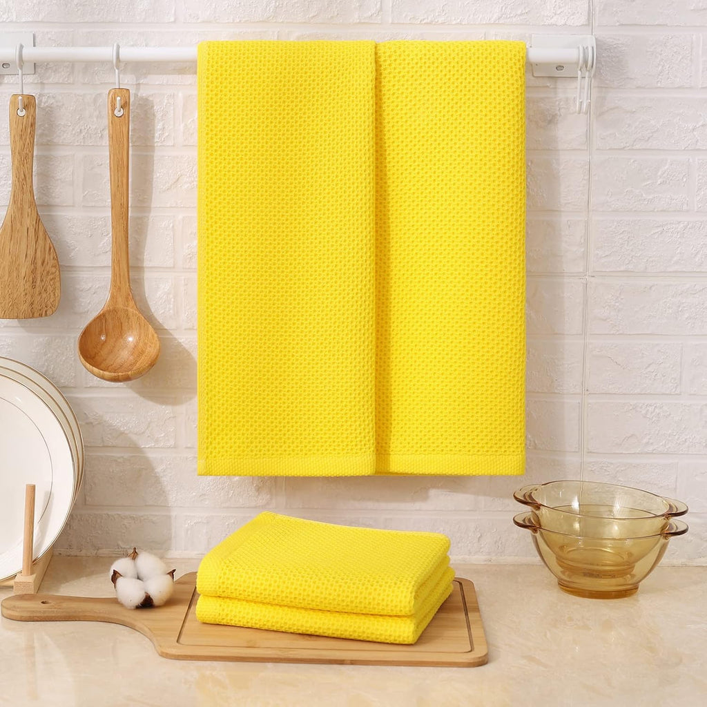 Kitinjoy 100% Cotton Waffle Weave Kitchen Towels, 4-Pack Super Soft and Absorbent Dish Towels for Drying Dishes, Kitchen Hand Towels, 13 in x 28 in, Yellow