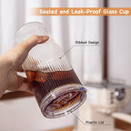 24oz Glass Tumblers with Lids and Straws 2PCS Ribbed Ice Coffee Glass Cups, Clear Thick Wall Water Iced Coffee Tumbler with Straw and Lid for Cold Beverages