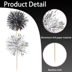 40 PCS Foil Firework Cupcake Toppers Sparkle Tinsel Cupcakae Picks Foil Firework Party Decorations Cocktail Fruit Toothpick for Fireworks Theme Birthday Wedding Graduation Party Decor Black Silver