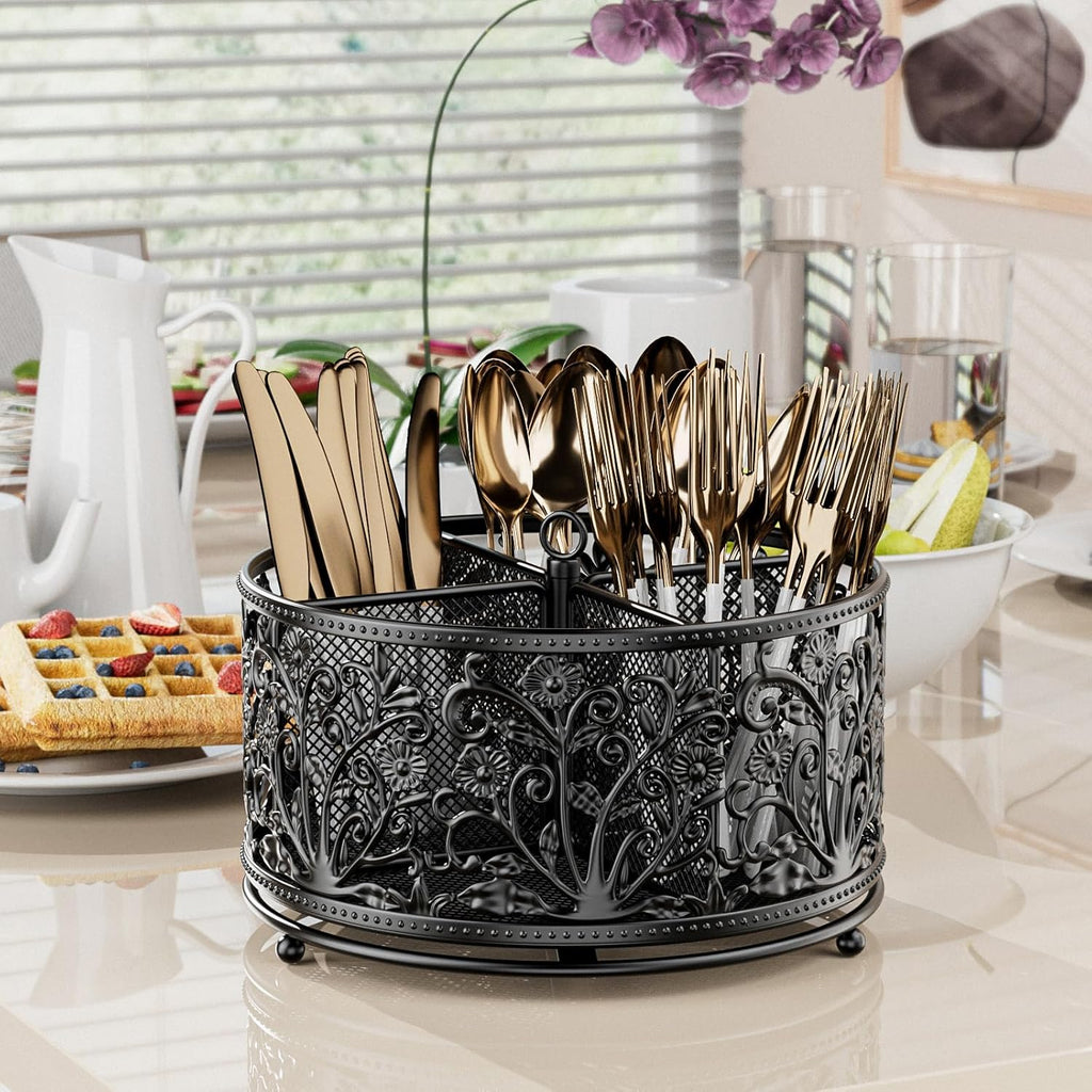 360° Rotating Utensil Caddy - Silverware Cutlery Caddy Holder with 4 Compartment, Metal Flatware Organizer Countertop with Handle for Party Camping Picnic, Kitchen Counter, Office (Black)