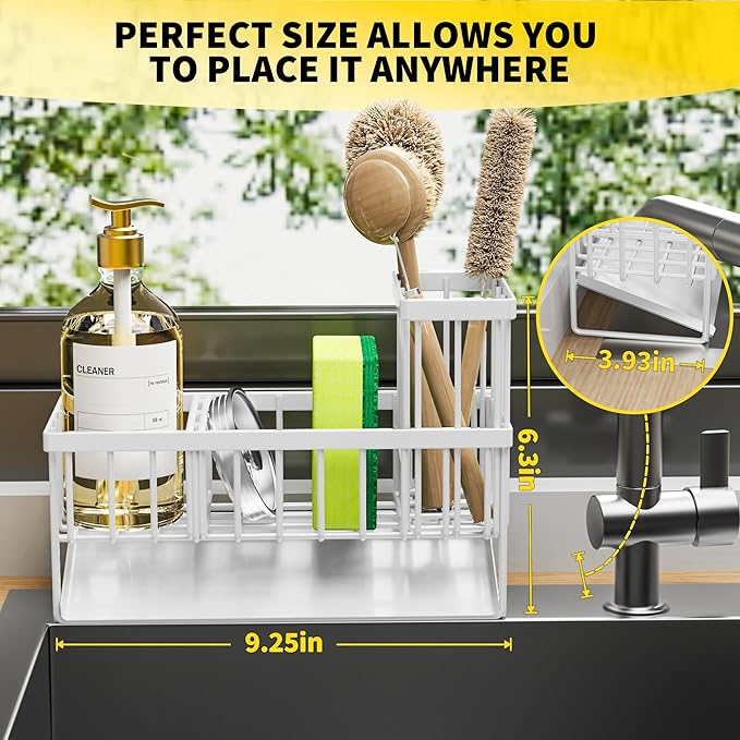 Cisily Sink Caddy Sponge Holder - Stainless Steel Rustproof, High Brush Holder, Dish Sponge Organizer with Divider (White)