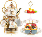 Maxcheck 21 Pcs Tea Party Set for Adults European Floral Tea Set with Metal Holder and 3 Tier Ceramic Cake Stand Porcelain Flower Cup Teapot for Dessert Cupcake(Classic Style)