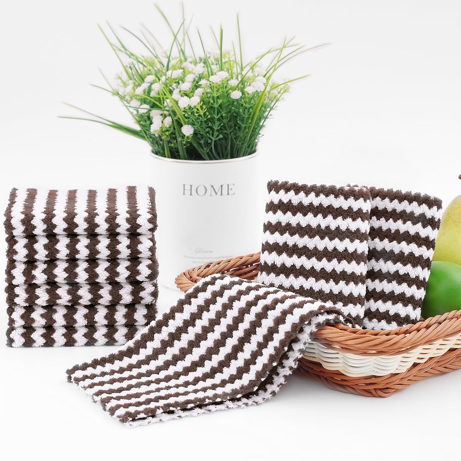 Homaxy 24 Pack Kitchen Dish Cloths, Ultra Soft and Absorbent Dish Towels, Reusable Fast Drying Microfiber Cleaning Cloth, Coral Velvet Wave Design No-lint, 10 x 10 inches, Brown