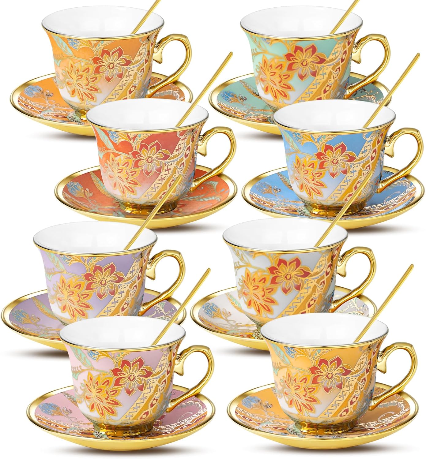 Tea Cups and Saucers Set of 8, 8 OZ Floral Tea Cup with Saucer, Vintage Tea Cups Porcelain Tea Set with Spoon for Latte, Mocha, Afternoon Tea Birthday Party Supply Thanksgiving Day Halloween gifts