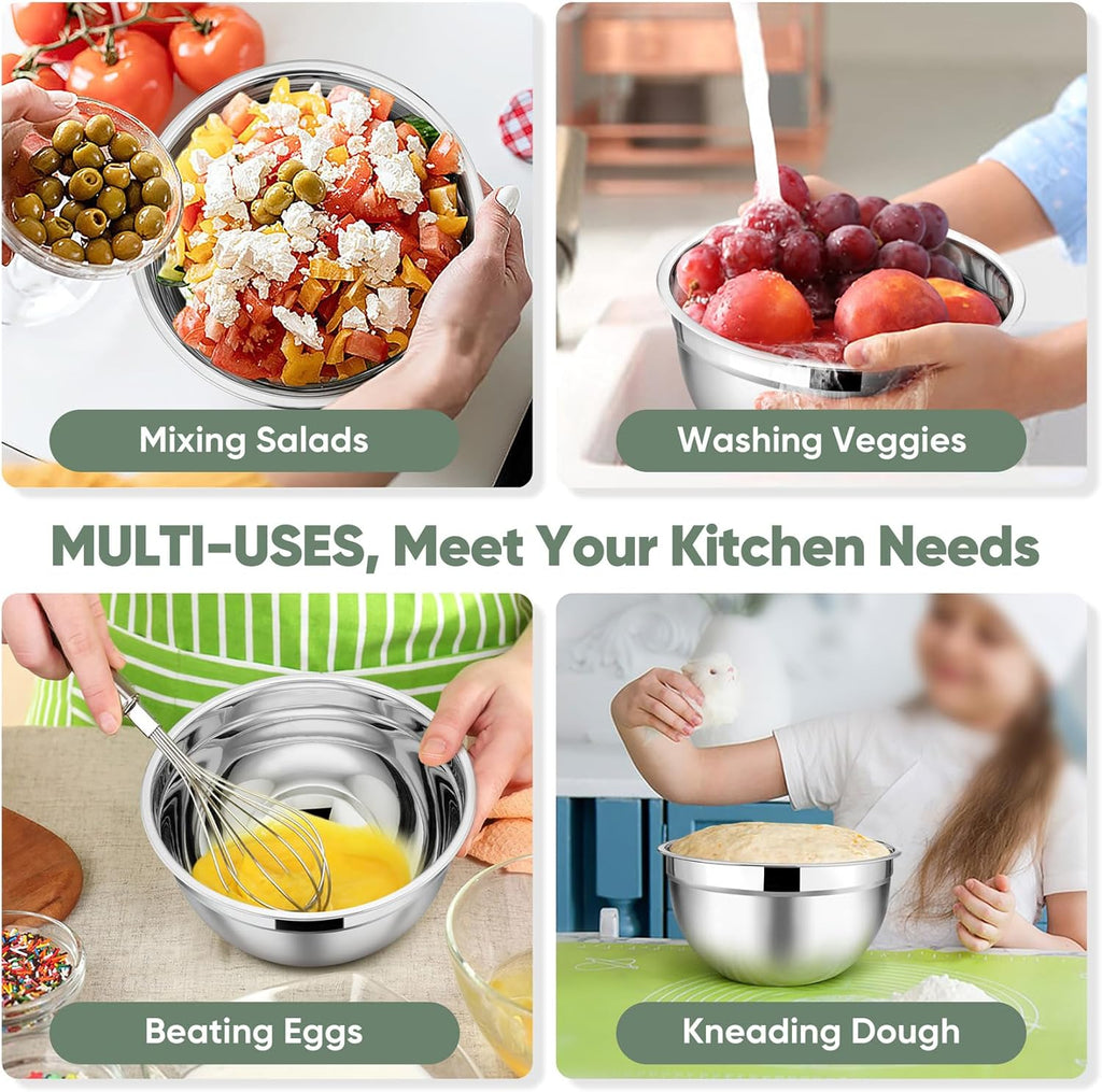 TeamFar Mixing Bowls with Lids, 5-Piece Stainless Steel Metal Nesting Salad Bowl for Mixing Prepping, Healthy & Heavy Duty, Airtight Lids & Dishwasher Safe, 4.5/3/1.5/1/0.7 QT-Khaki