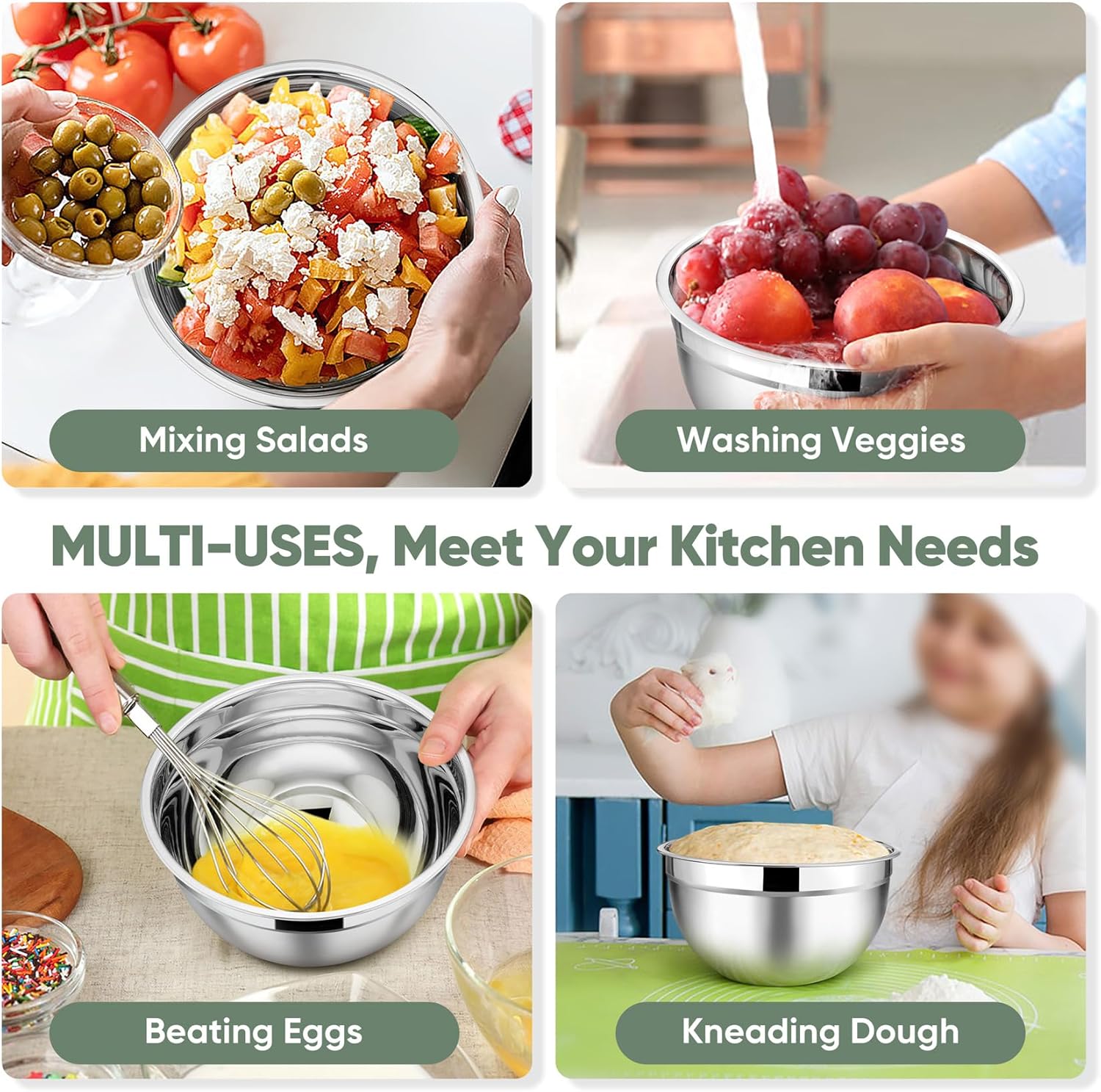 TeamFar Mixing Bowls with Lids, 5-Piece Stainless Steel Metal Nesting Salad Bowl for Mixing Prepping, Healthy & Heavy Duty, Airtight Lids & Dishwasher Safe, 4.5/3/1.5/1/0.7 QT-Khaki